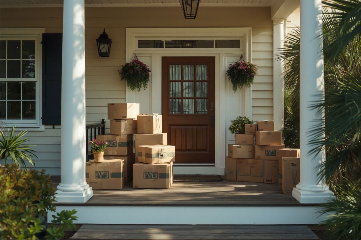 Boxes on a porch as a family prepares for moving to Hilton Head