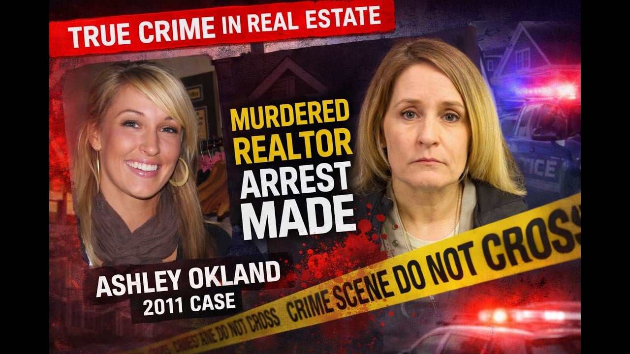 Split image showing a smiling young female realtor and a serious older woman beside bold text reading “Murdered Realtor Arrest Made,” with crime scene tape and police lights in the background.
