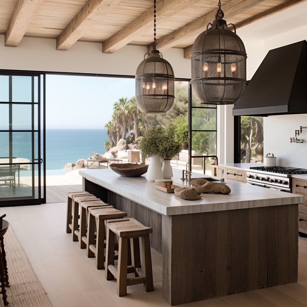 Kitchen with a large wood island and stools, opening onto an ocean view.