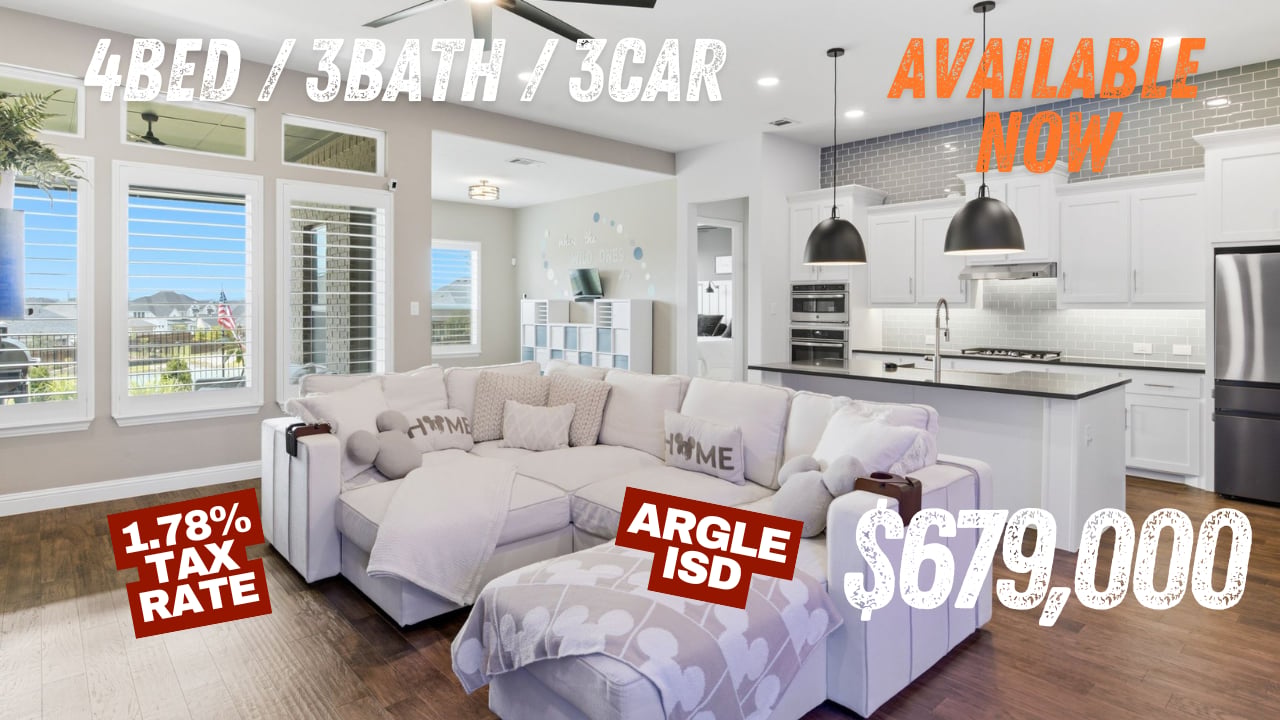 Living room of a $679,000 home for sale in Trailwood, Flower Mound TX, featuring 4 beds, 3 baths, a 3-car garage, zoned Argyle ISD, with a 1.78% tax rate