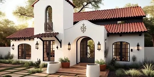 Spanish-style stucco home with red tile roofs, an arched entry, and a landscaped courtyard.