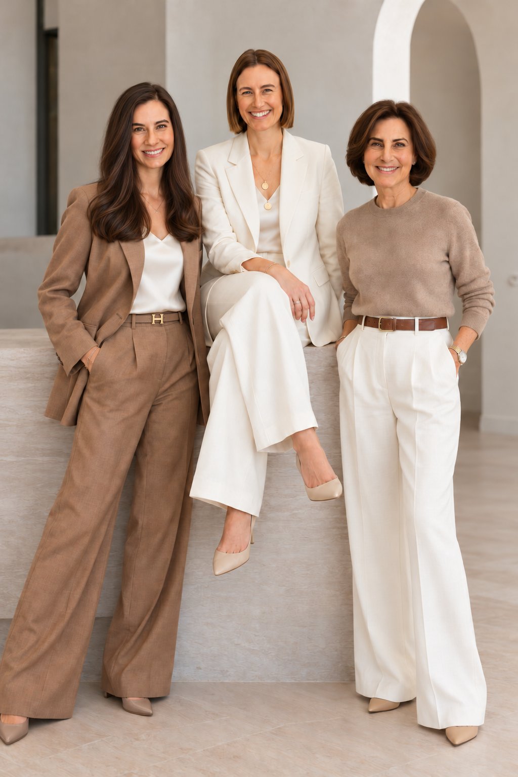 Three women from The Duncan Gals real estate team pose together in neutral-toned outfits.