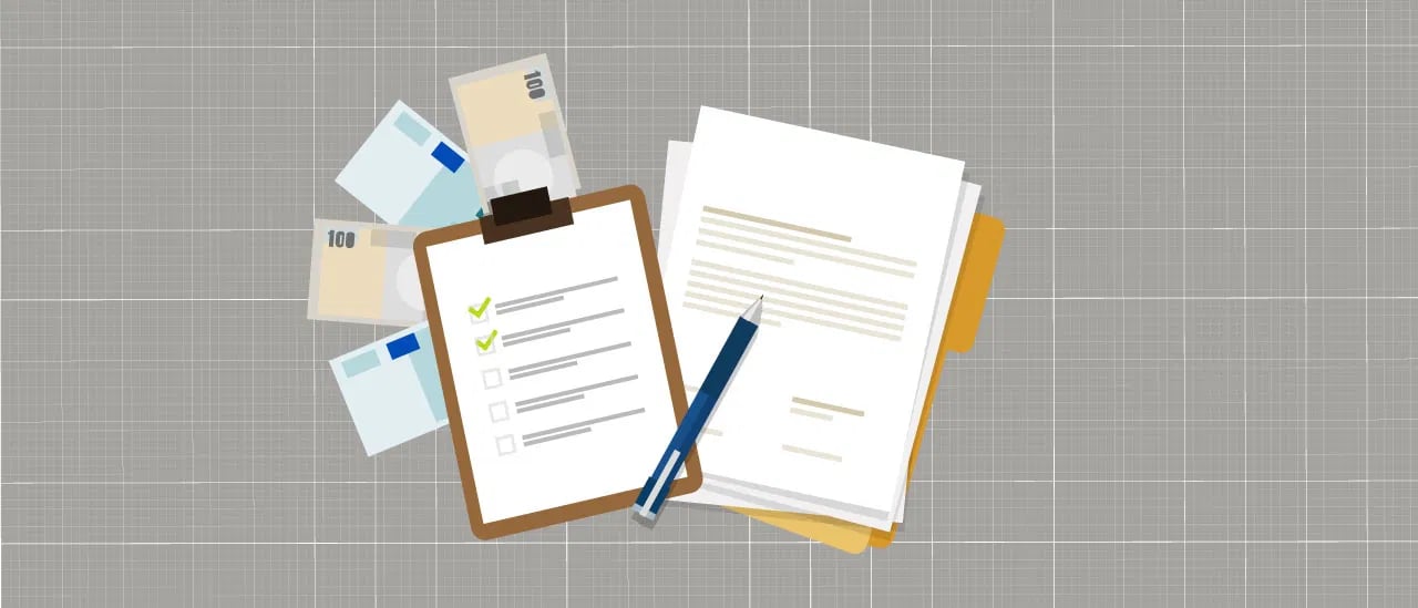 Loan application checklist, paperwork, pencil, payment cards, and banknotes.
