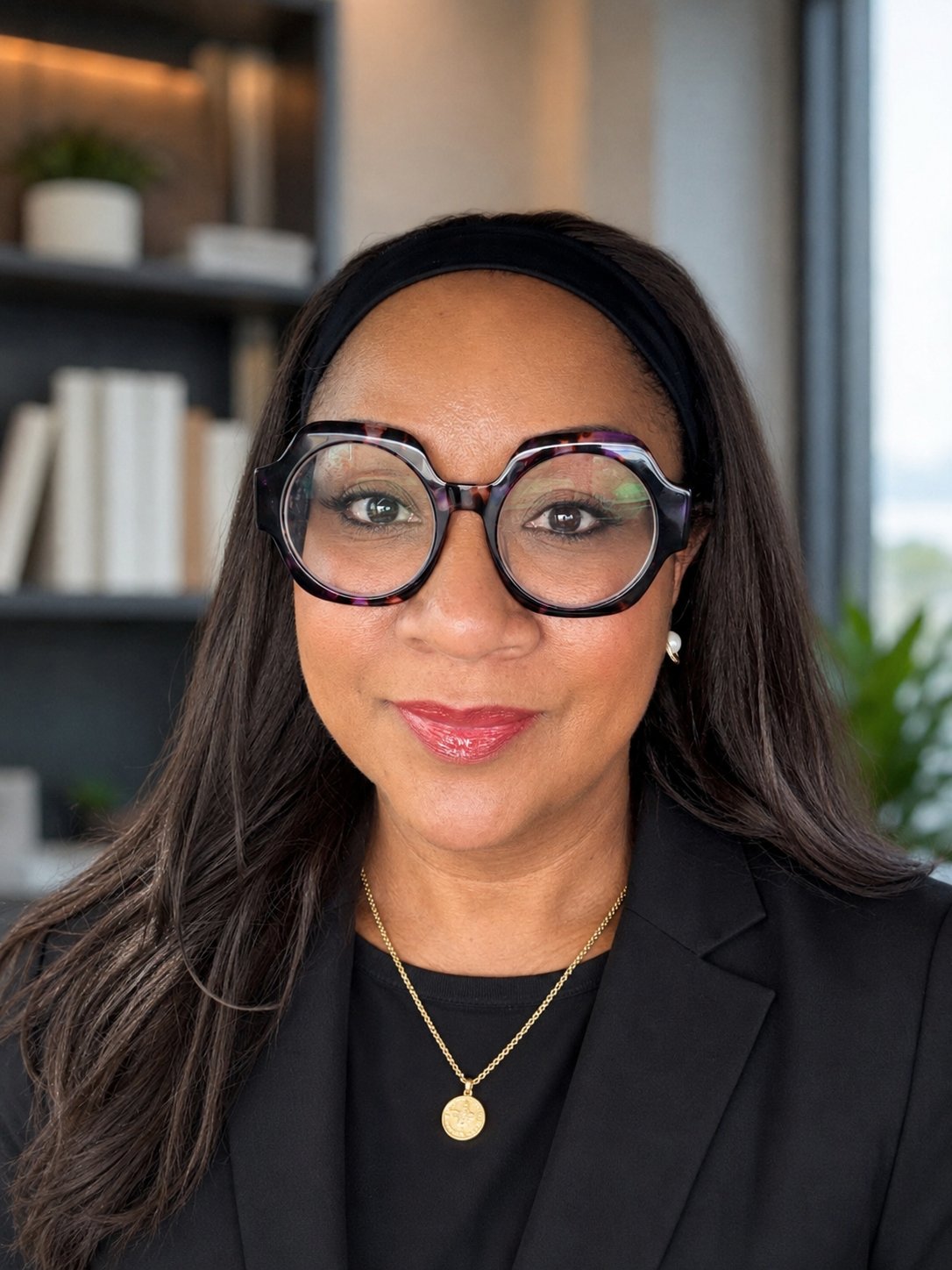 Stenie Okie wearing oversized glasses and a black blazer.