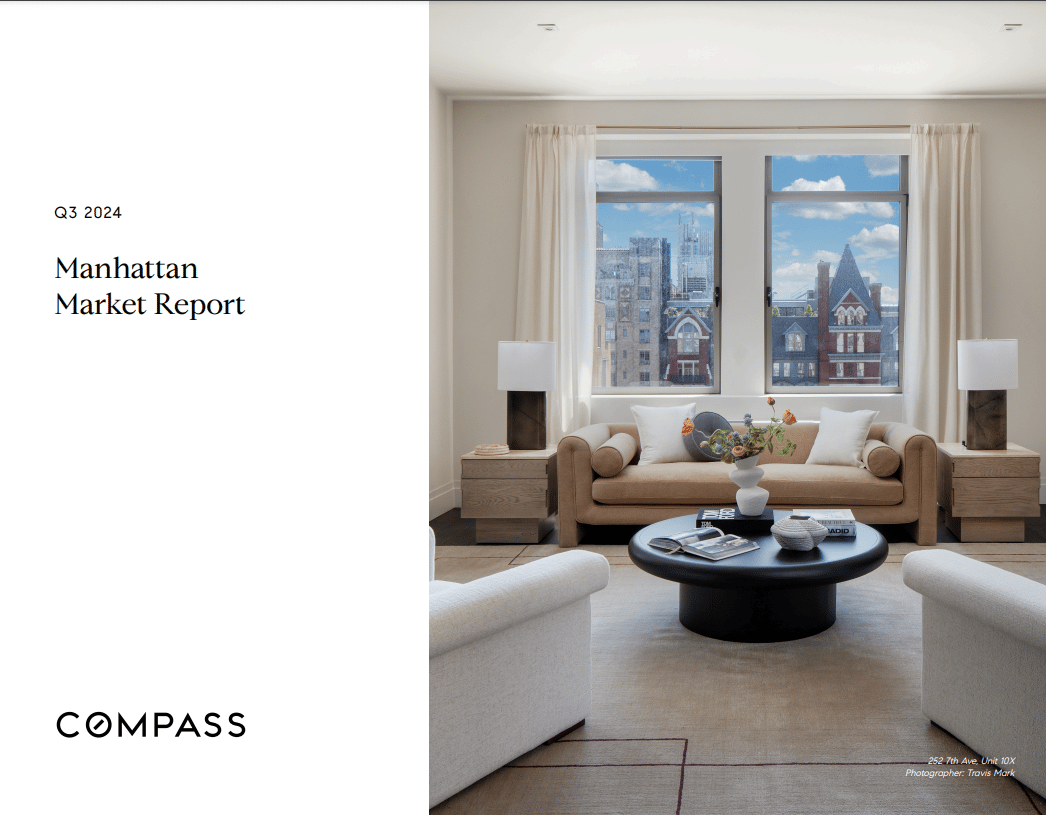 Q3 2024 Manhattan Market Report, featuring a living room with Manhattan views.
