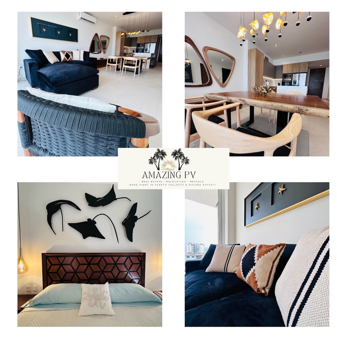 Furnished home interiors with a navy sectional, live-edge dining table, and bedroom with a geometric headboard.
