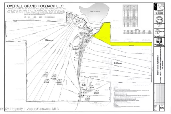 Land survey plat with parcel boundaries and one tract highlighted in yellow.