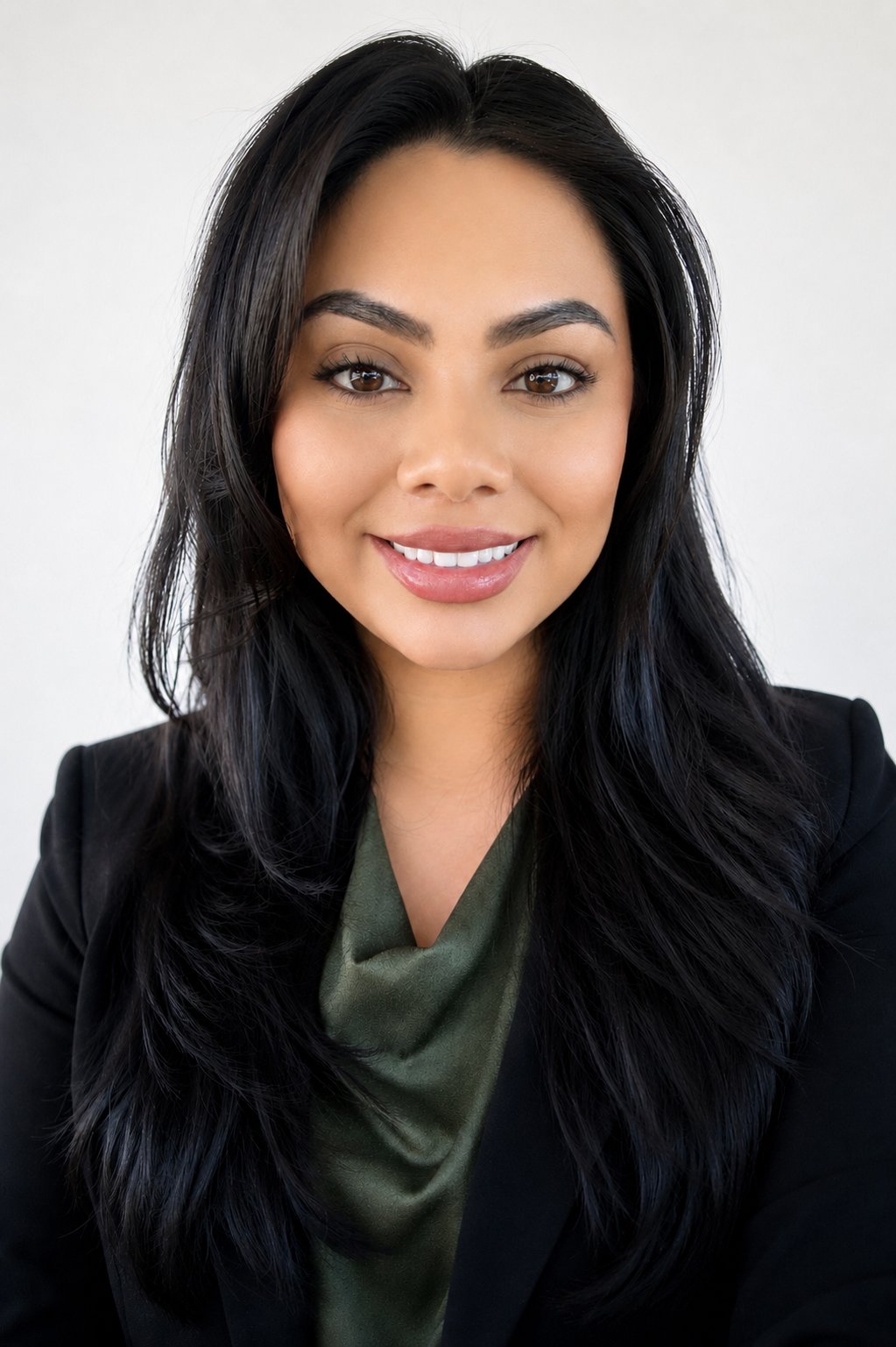 Carina Cabrera, smiling in a black blazer and dark green blouse.