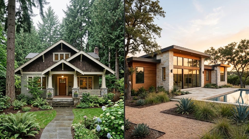Craftsman home with a covered porch beside a modern stone-and-wood home with a pool.