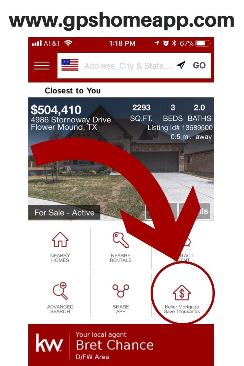 GPS Home App graphic pointing to the Keller Mortgage “Save Thousands” feature.
