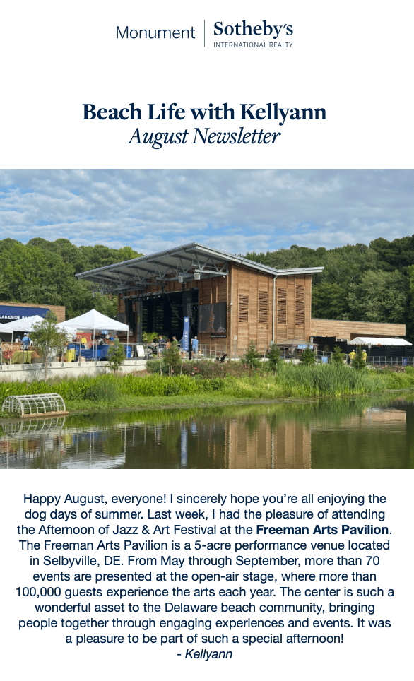 Beach Life with Kellyann August Newsletter, featuring the Freeman Arts Pavilion and a note about its summer arts festival.