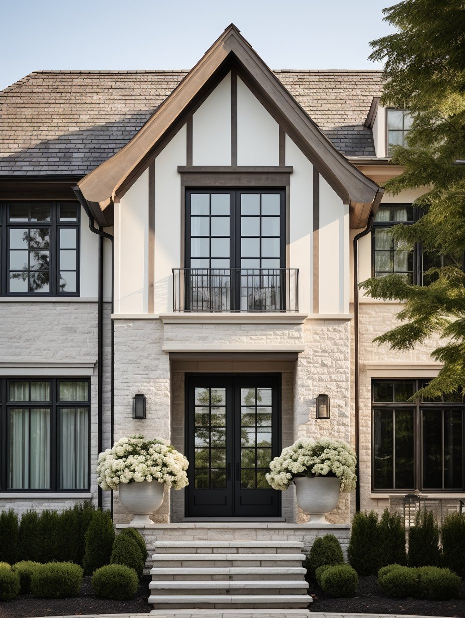 Stone-front home with a prominent gable, black double doors, and flowering planters at the entrance.
