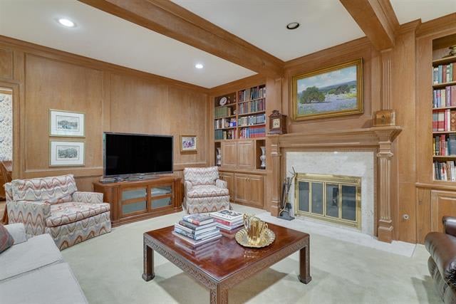 Wood-paneled living room with a fireplace, built-in bookshelves, and exposed ceiling beams.