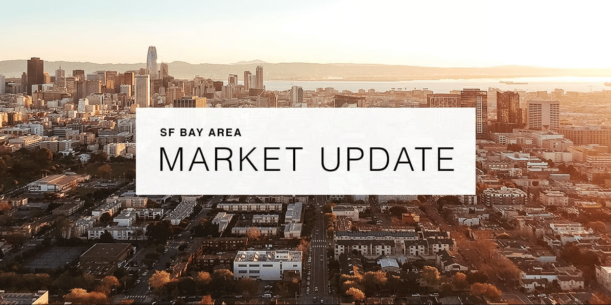 Aerial view of San Francisco skyline and Bay with “SF Bay Area Market Update” text overlay