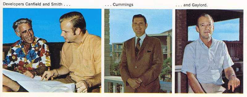 Four men in a vintage developer collage; two review plans, with separate portraits beside them.