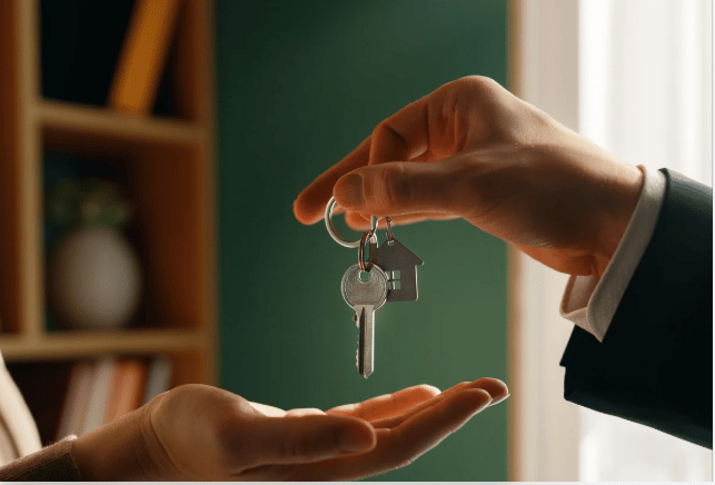 A hand passes house keys to another outstretched hand.