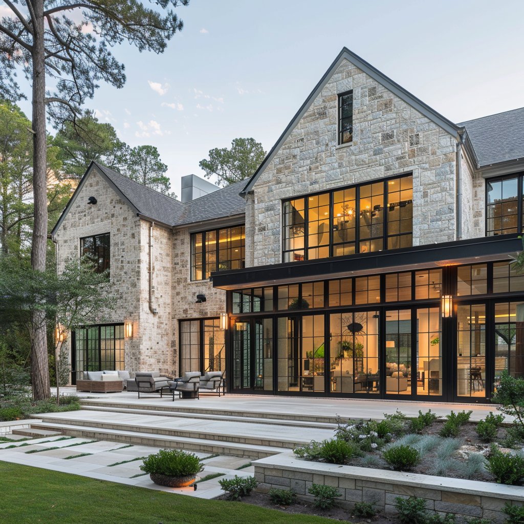 Stone-clad home with expansive black-framed windows and a furnished patio.