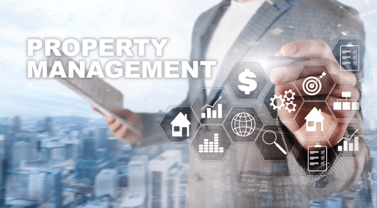 Property management graphic with a suited person using real estate and business icons.