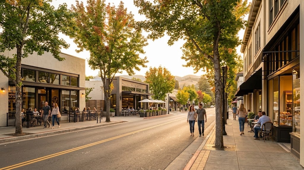 Downtown shopping street with sidewalk cafés, pedestrians, and autumn-colored trees.