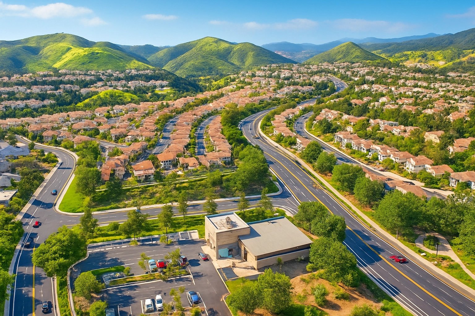 Aerial view of Foothill Ranch showing residential areas and surrounding hills