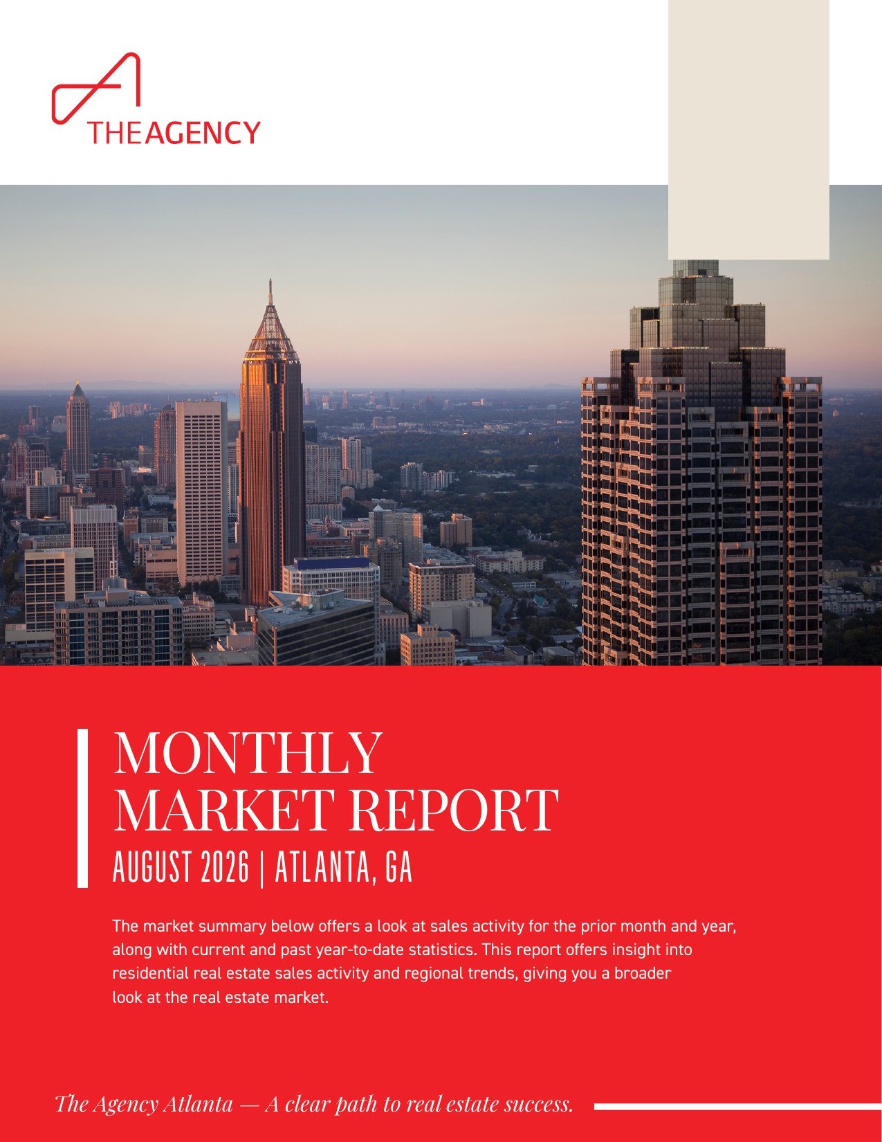 Monthly Market Report August 2026 cover for the Atlanta real estate market with the Atlanta skyline at sunset