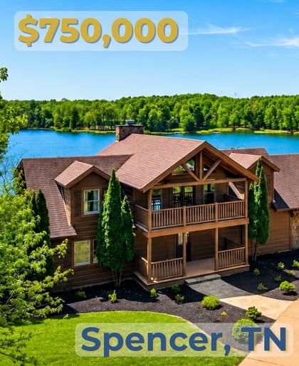 Timber-frame lake house with a broad porch overlooking the water in Spencer, Tennessee.