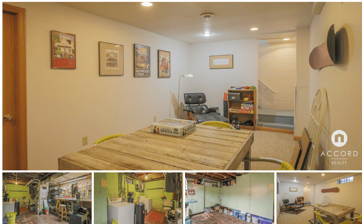 Basement recreation area with a wooden table and recliner, alongside workshop, laundry, and storage-room views.