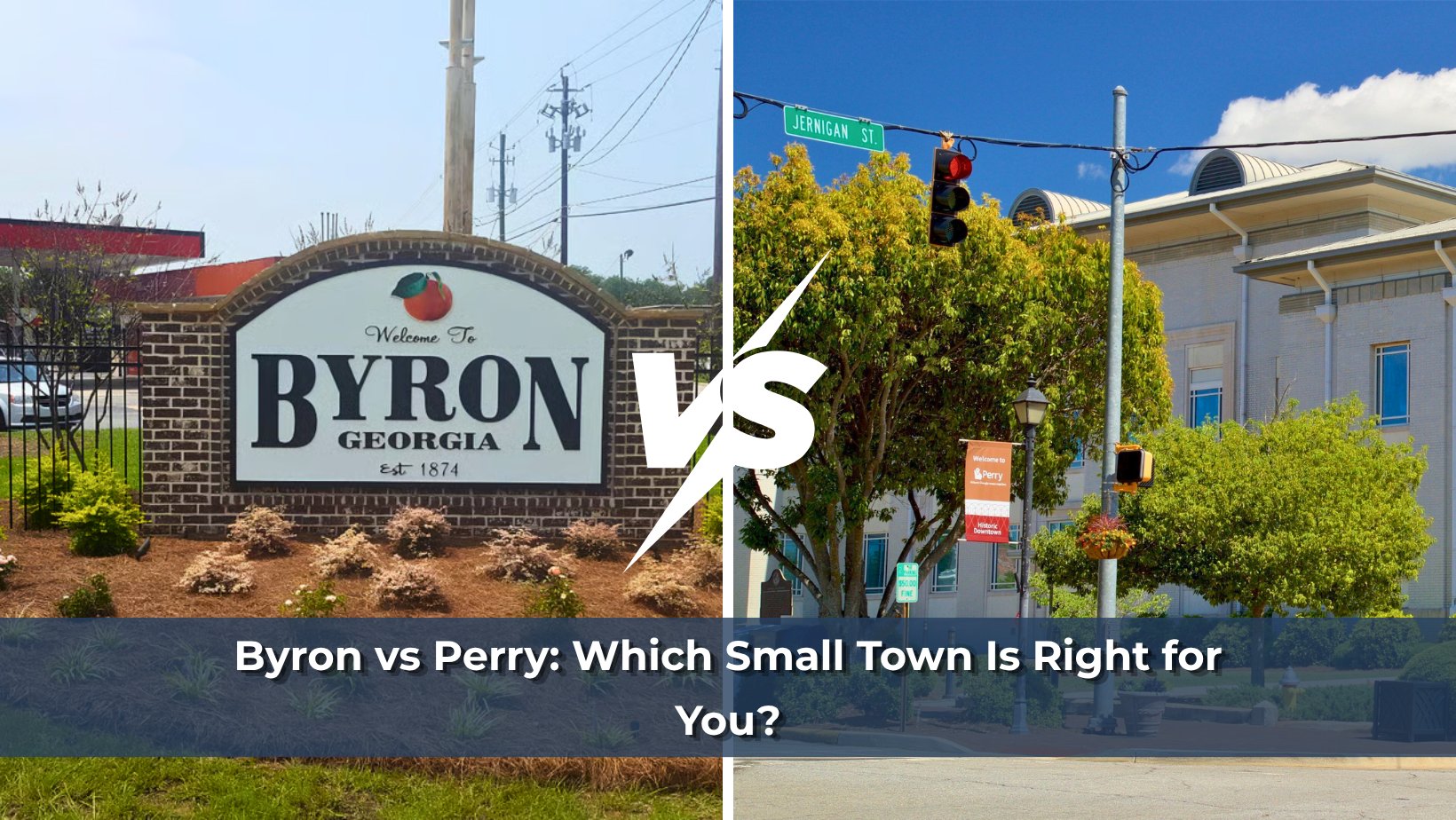 Byron versus Perry comparison graphic with a Byron welcome sign and a Perry downtown street scene.