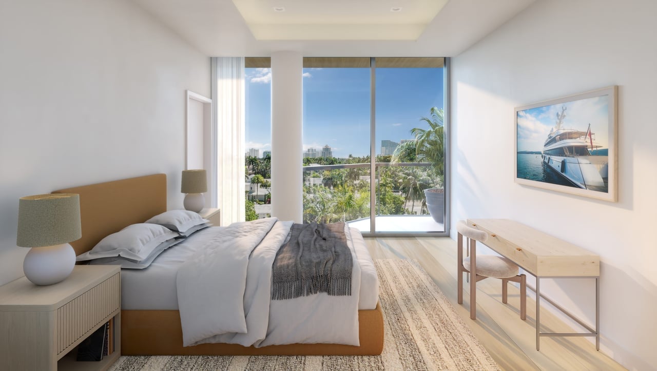 Guest bedroom rendering at Serene Las Olas with floor-to-ceiling glass.
