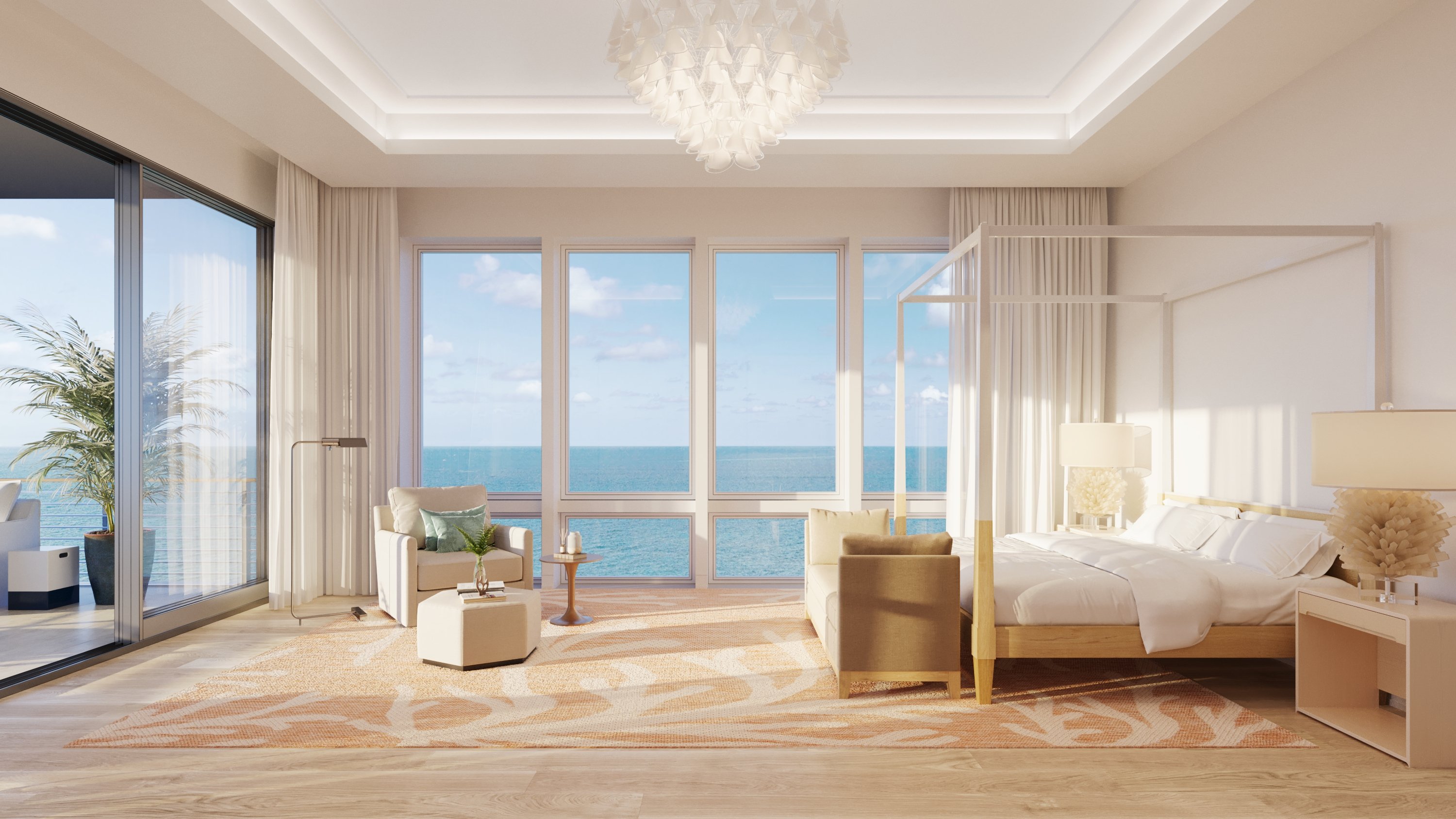 Rendering of a master bedroom with floor-to-ceiling Gulf views at Naples Beach Club