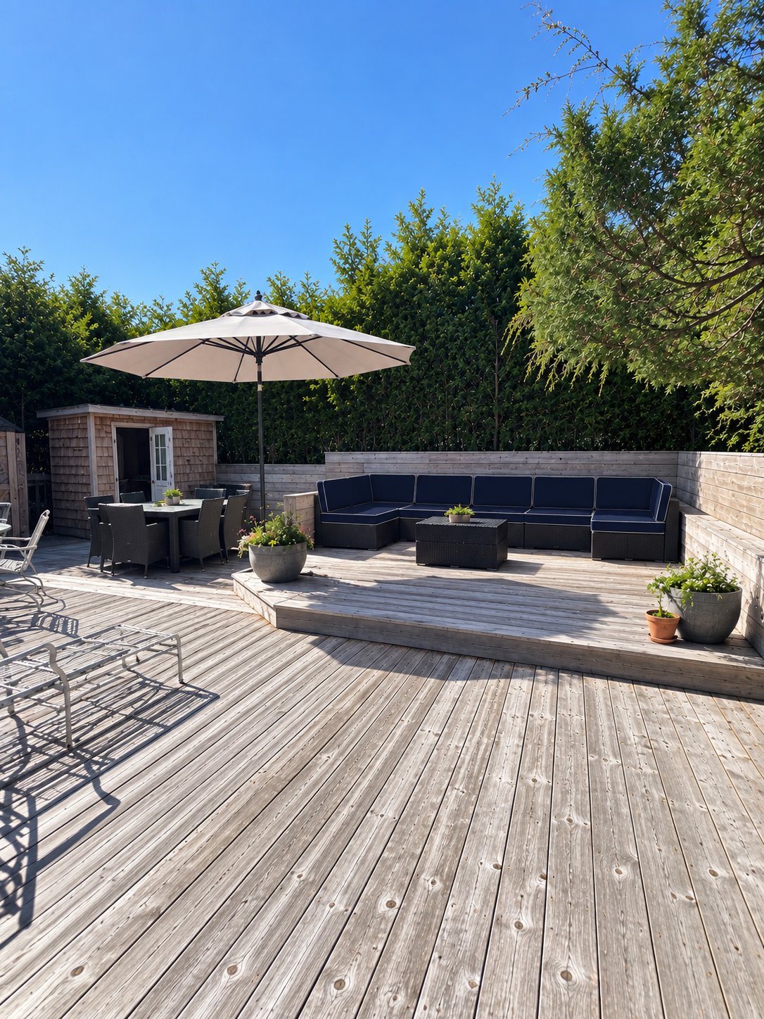 Wooden deck with navy sectional seating and an umbrella-shaded dining area.