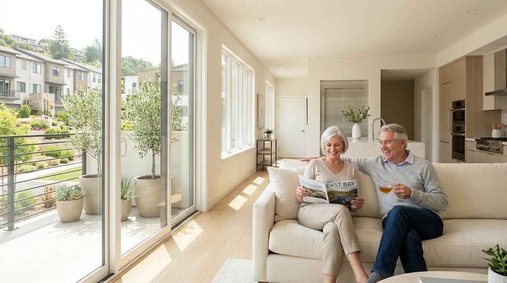 Bright modern living room with an older couple reading on a sofa beside large glass doors.