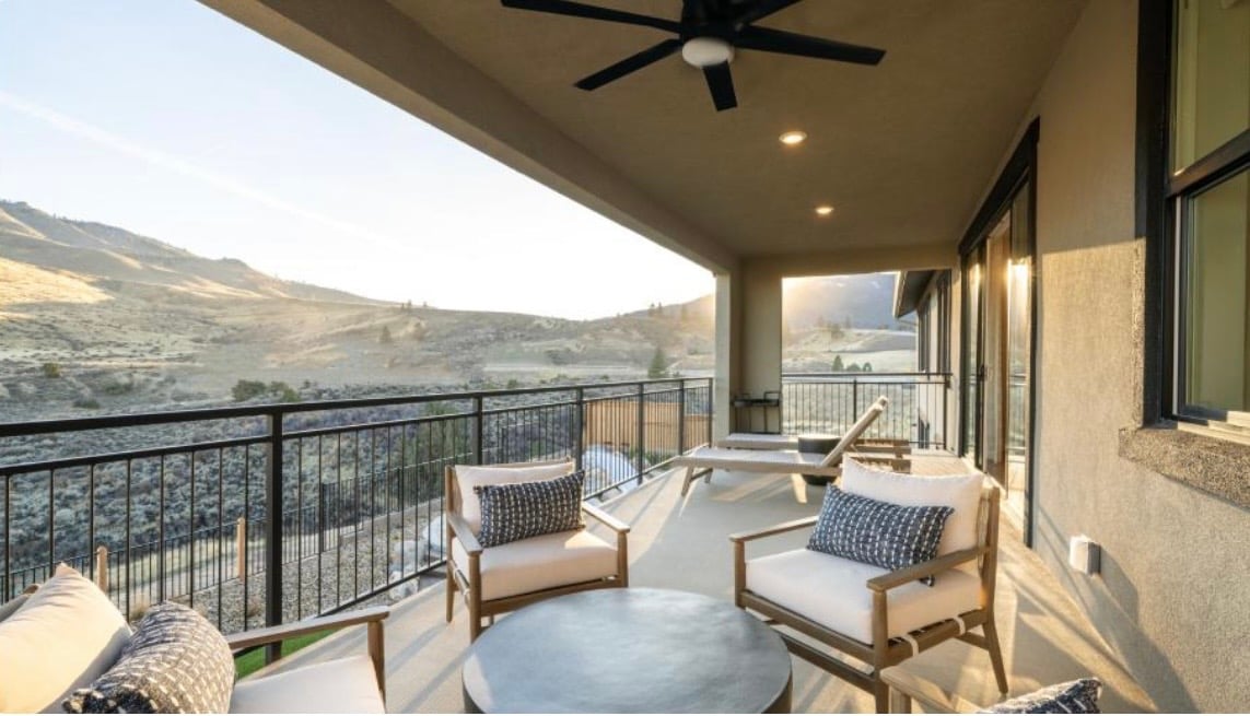 Covered outdoor living area at the Woodshire Mountain Modern designed to embrace Reno's mountain lifestyle.