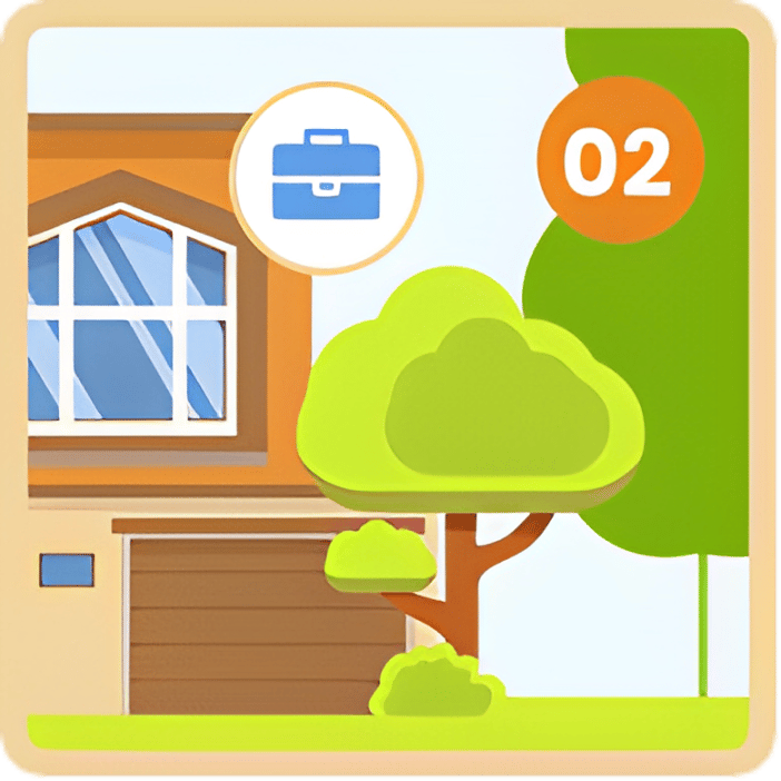 Illustration of a house and trees with a briefcase icon and the number 02.