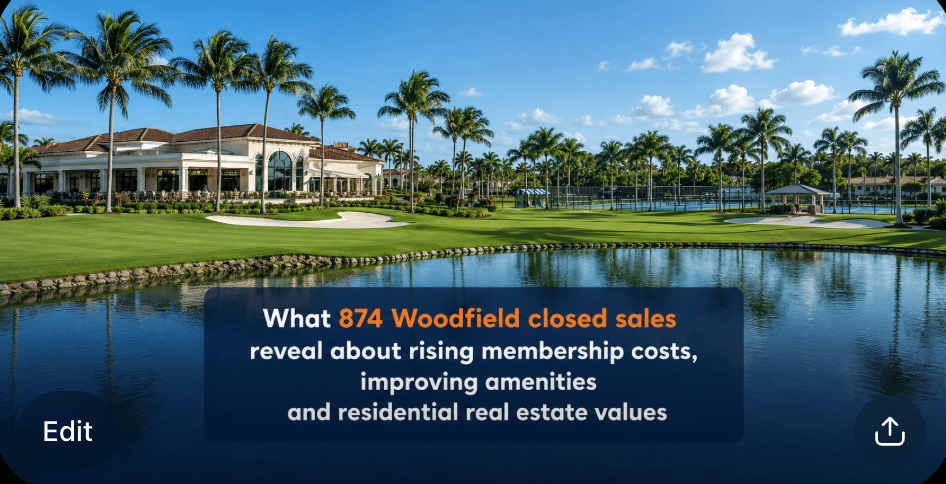 A panoramic view of Woodfield Country Club highlighting its clubhouse, golf course, racquet facilities and waterfront setting.