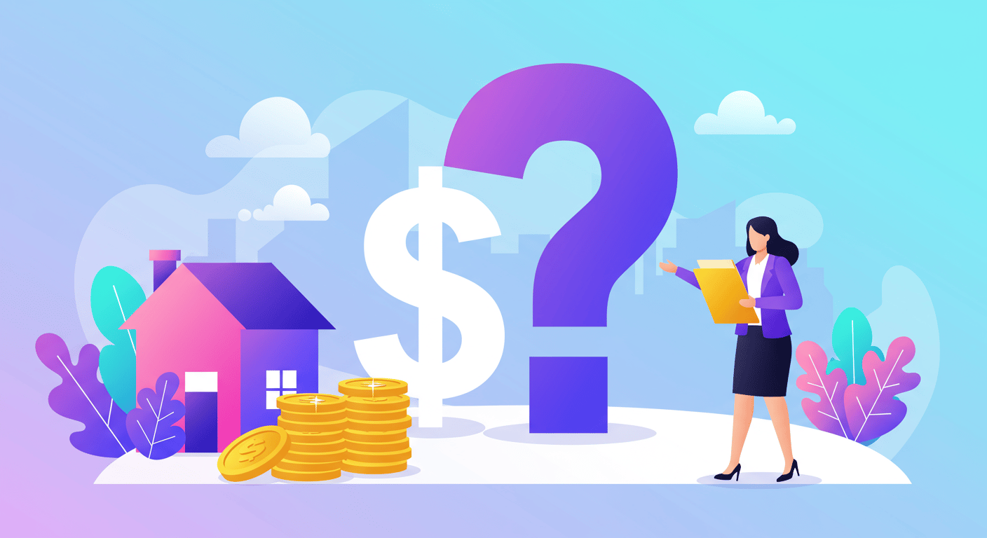 Cash home offer illustration with a house, coin stacks, dollar sign, question mark, and agent.