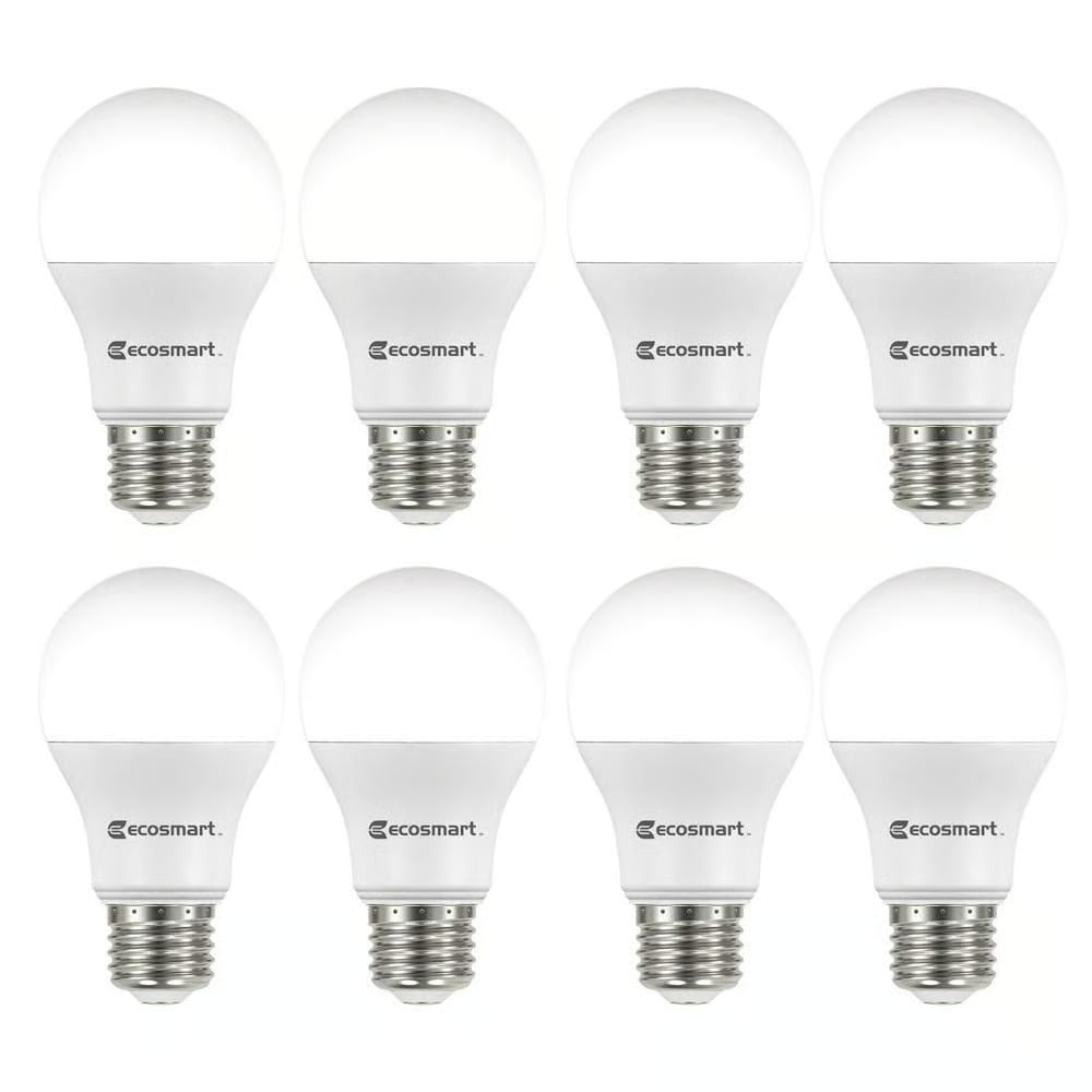 Eight EcoSmart light bulbs arranged in two rows, each with a frosted dome and silver screw base.