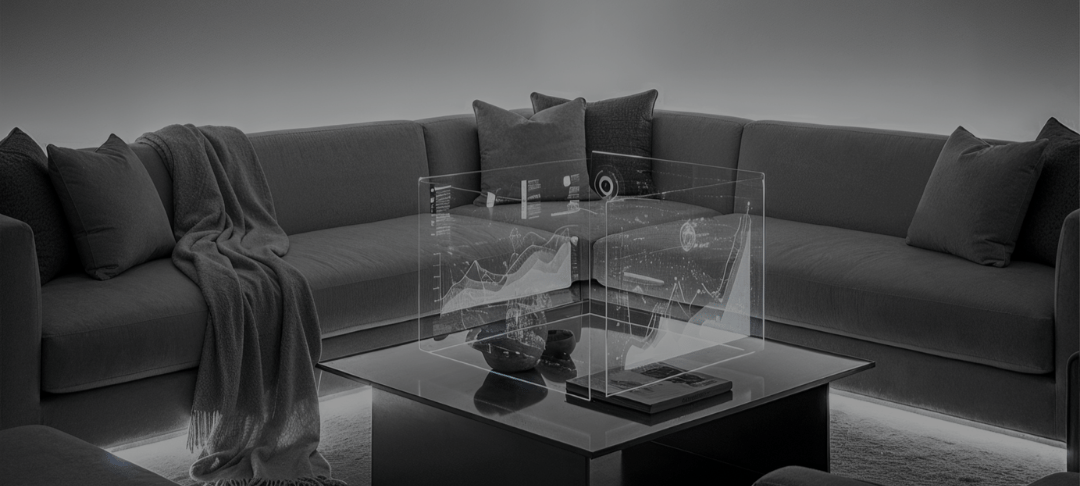 Luxury real estate lounge with a futuristic AI data display, representing Amy Ali and Agency West's approach to intelligent, data-driven client experiences.