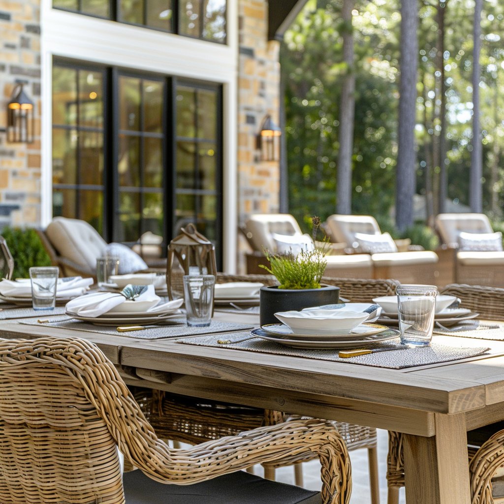 Outdoor patio dining table set with dishes beside wicker lounge chairs and a wooded backdrop.