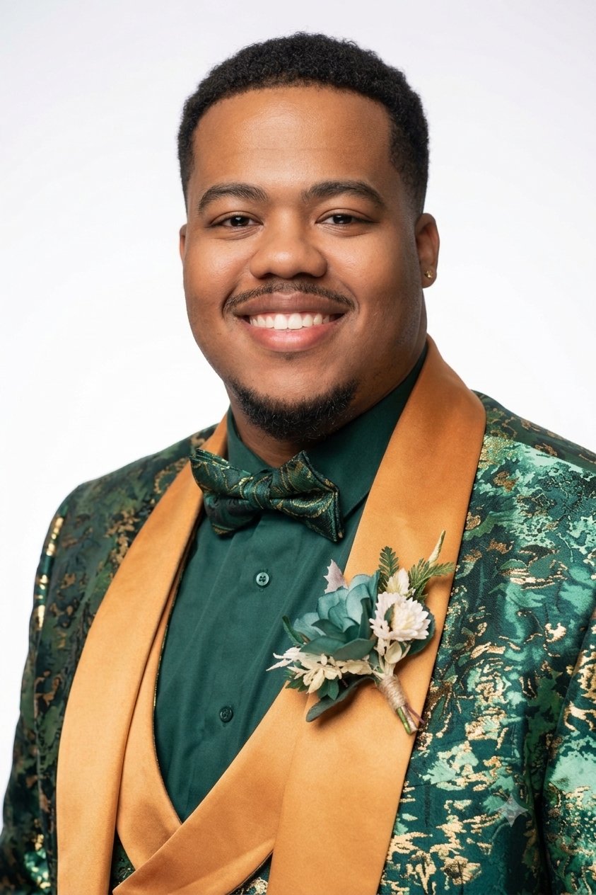 Bobby Berry smiling in a green patterned suit with gold lapels and floral boutonniere.