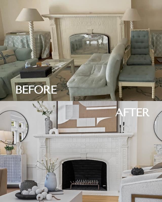 Fireplace mantel · Before (top) / After (bottom)