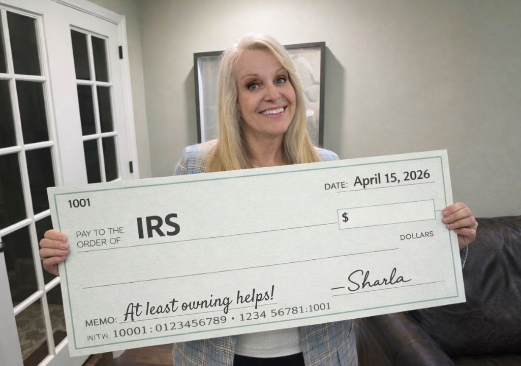 Sharla Ellis holding an oversized IRS check with the message “At least owning helps,” highlighting homeownership benefits at tax time.