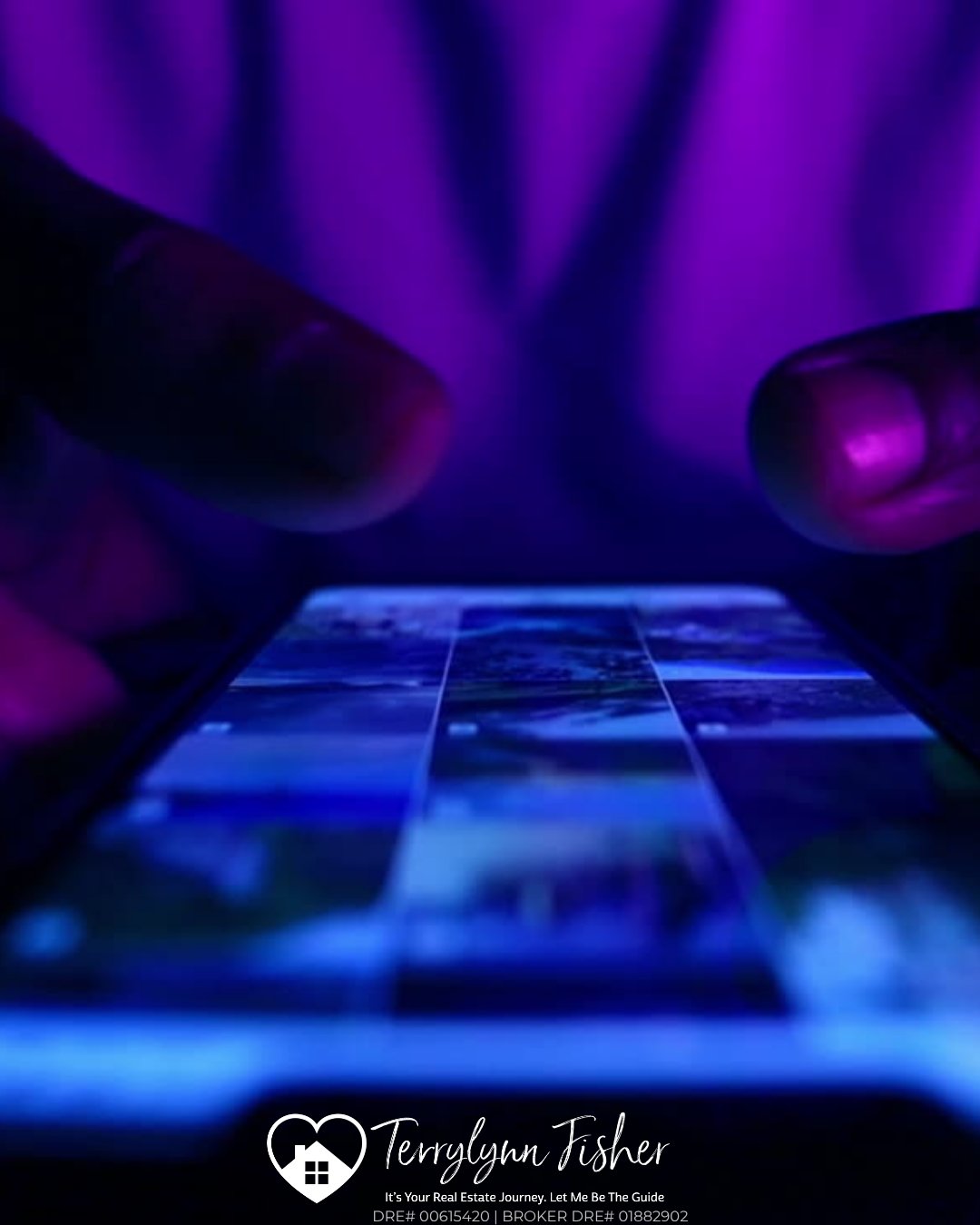 Hands browse property photos on a smartphone under blue and purple lighting.