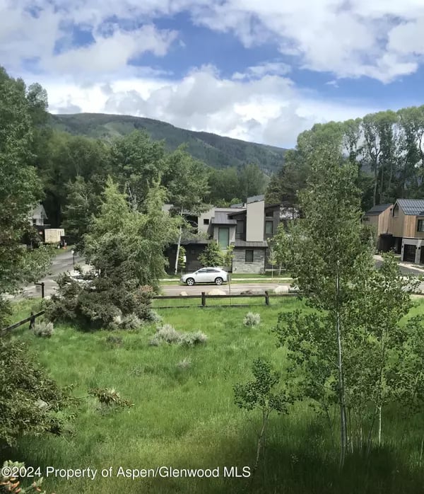 Modern Aspen homes beyond a grassy meadow, with trees and a mountain ridge behind them.