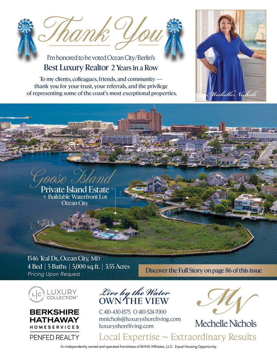 Mechelle Nichols real estate advertisement featuring her portrait, Best Luxury Realtor awards, and an aerial view of Goose Island.
