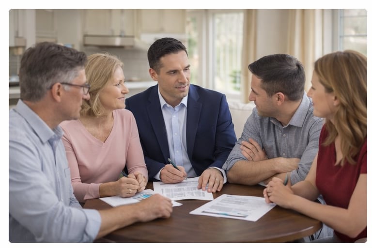 Real estate agent meeting with buyers and sellers together to review contract details during a dual agency transaction in Connecticut