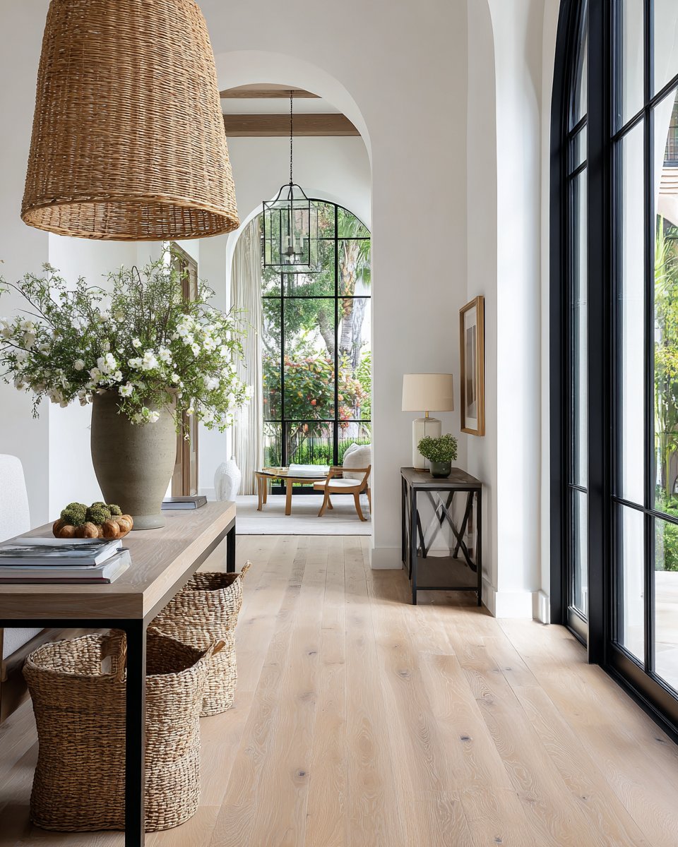 Bright home interior with an arched opening, black-framed windows, and a large woven pendant light.