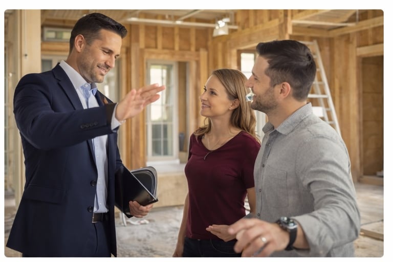 Realtor showing a home under construction to buyers while explaining property details in Connecticut