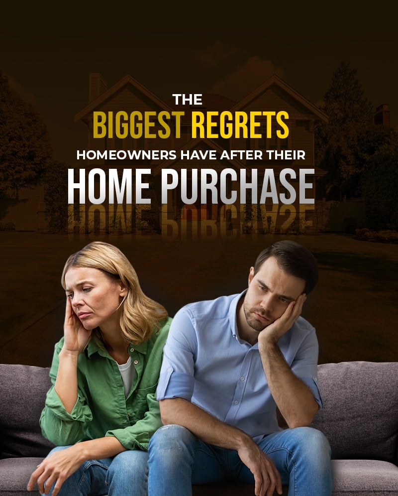 Graphic about homeowners’ biggest regrets after buying a home, showing a worried couple seated on a couch.