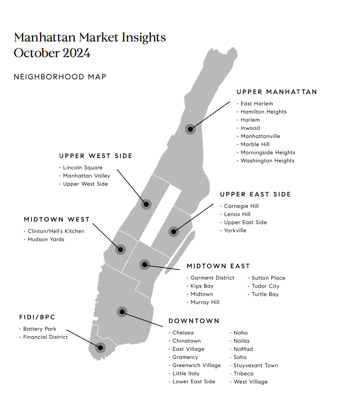 Manhattan neighborhood map grouping areas into seven regions for the October 2024 market report.